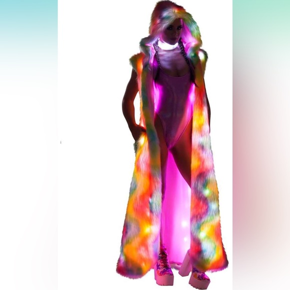 Dolls Kill Jackets & Blazers - LONG Fur LED Glowing Light Up Coat Burning Man Rave Festival Rainbow Pastel EDC